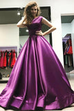 Ball Gown V-Neck Sweep Train Satin Sleeveless Backless Prom Dress PG482 - Pgmdress