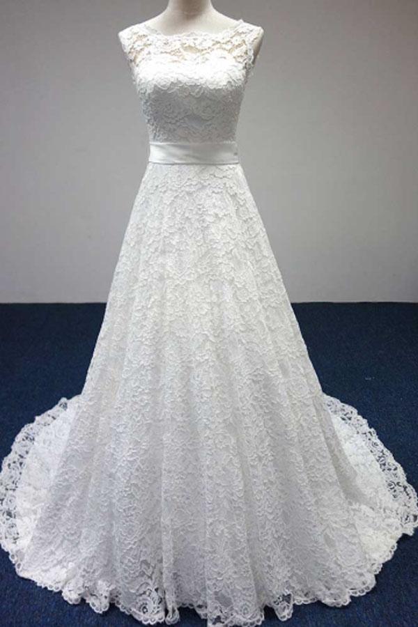 Bateau A-Line Lace Sash Bowknot Sleeveless Wedding Dress WD158 - Pgmdress