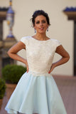 Bateau Knee-Length Light Blue Chiffon Homecoming Dress with Appliques PG116 - Pgmdress