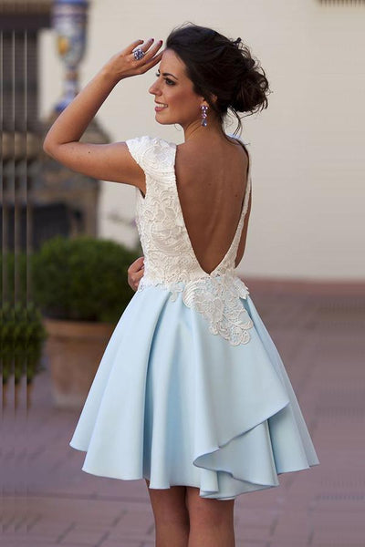 Bateau Knee-Length Light Blue Chiffon Homecoming Dress with Appliques US10 / Custom Color Bateau Knee-Length Light Blue Chiffon Homecoming Dress with Appliques US10 / Custom Color