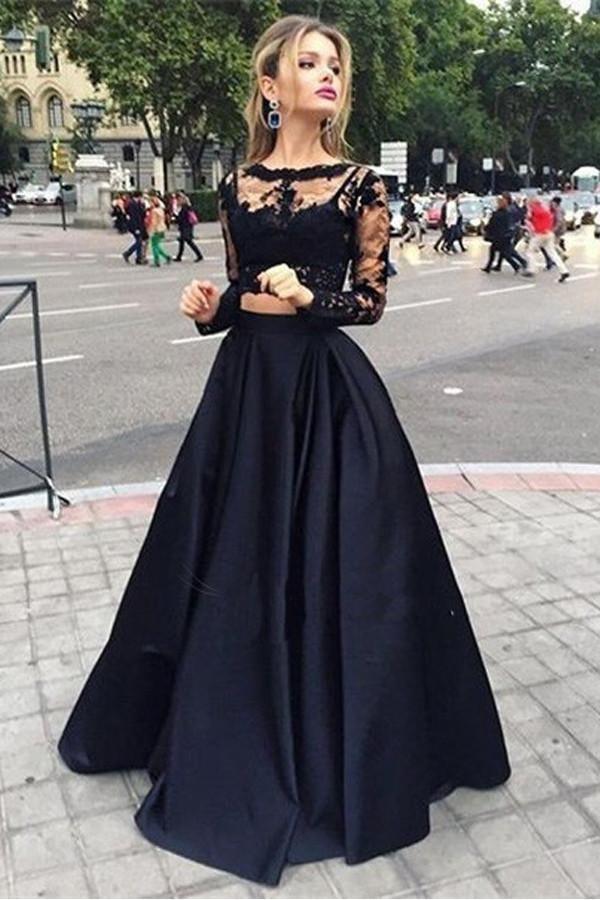 Bateau Neck Two Piece Black Long Sleeves Prom Dress PG319-Pgmdress