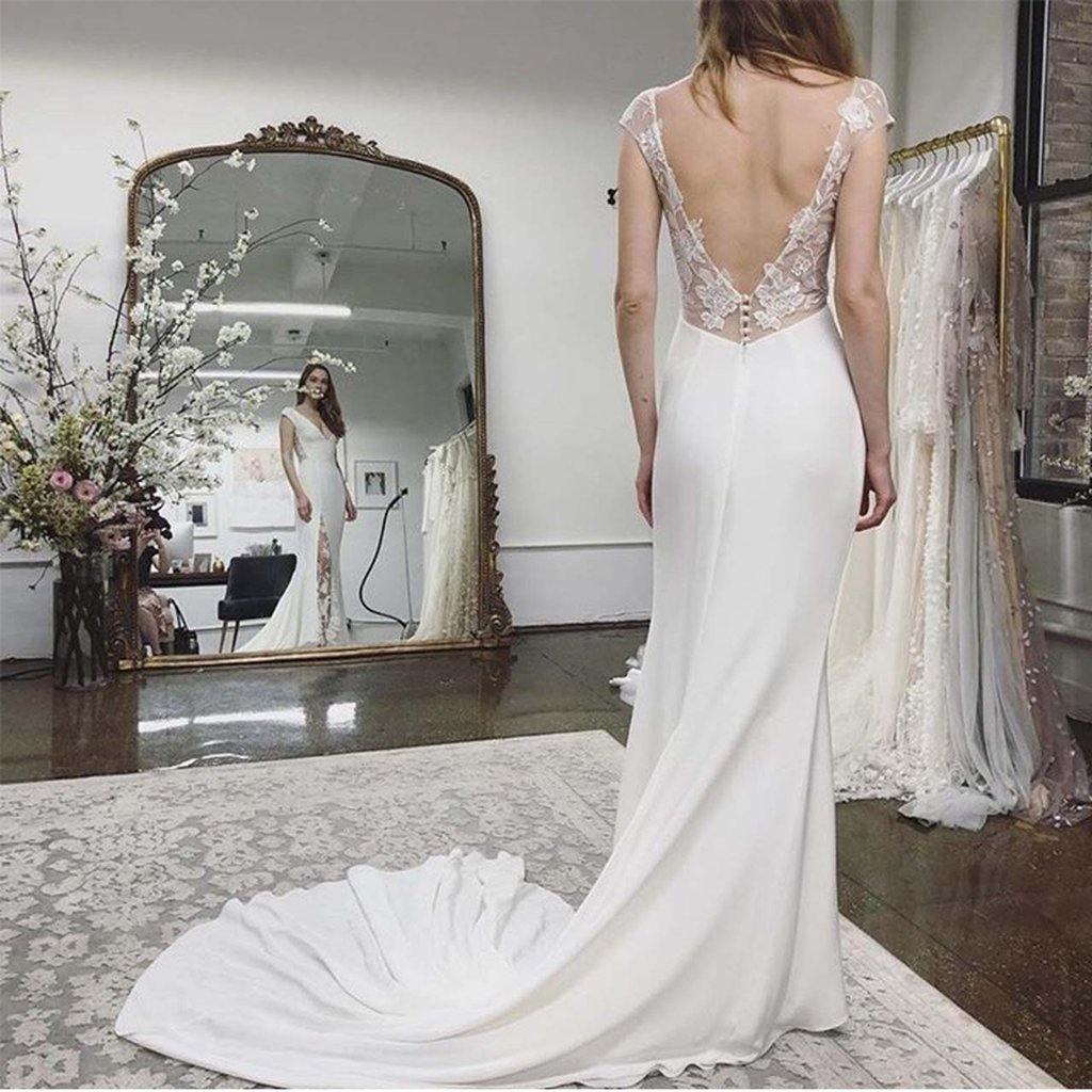 pgmdress Beach Wedding Dress Cap Sleeves Appliques Backless Lace Bridal Dresses WD431 US6 / Custom Color
