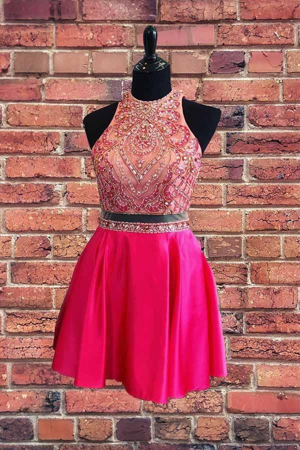 Beaded Two Piece Short Prom Dress Hot Pink Homecoming Dress PD337 - Pgmdress