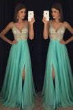 Beaded V Neck Open Back Long Chiffon Prom Dresses With Leg Slit PG375 - Pgmdress