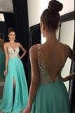 Beaded V Neck Open Back Long Chiffon Prom Dresses With Leg Slit PG375 - Pgmdress