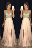 Beaded V Neck Open Back Long Chiffon Prom Dresses With Leg Slit PG375 - Pgmdress