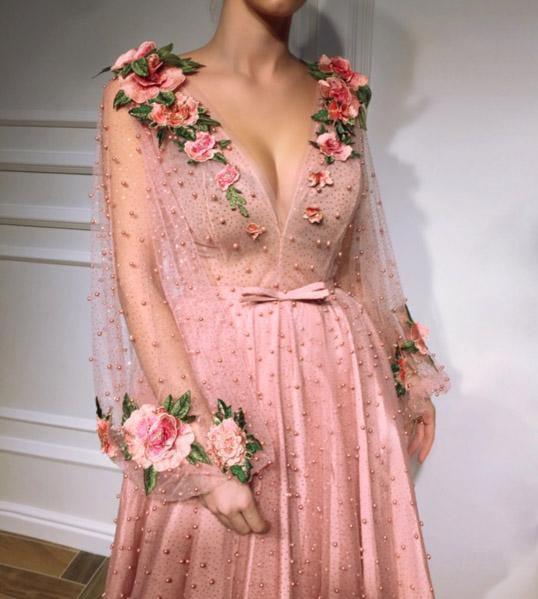 Beautiful Long Sleeves V Neck 3D Flowers Pink Prom Dresses Formal Dresses PSK008 - Pgmdress
