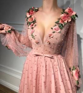 Beautiful Long Sleeves V Neck 3D Flowers Pink Prom Dresses Formal Dresses PSK008 - Pgmdress