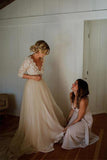 Belt Tulle V-neck Half Sleeves A-line Wedding Dress Bridal Gown WD401