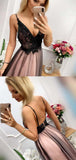 Black Bead Rhinestone Tulle V Neck Spaghetti Strap A-line Prom Dresses PSK030 - Pgmdress