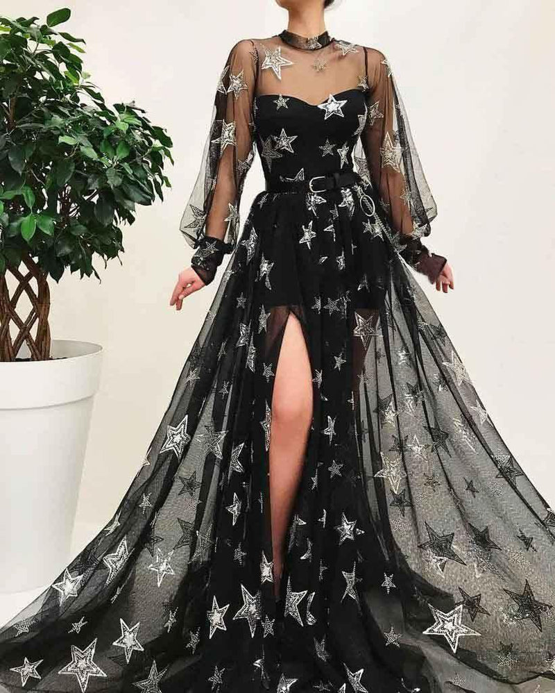 High Neck Split Black Long Sleeves Prom Dress With Star PSK067-Pgmdress