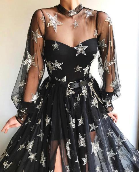 Black High Neck Split Long Prom Dress With Star Sparkly Long Sleeves PSK067 - Pgmdress