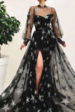 Black High Neck Split Long Prom Dress With Star Sparkly Long Sleeves PSK067