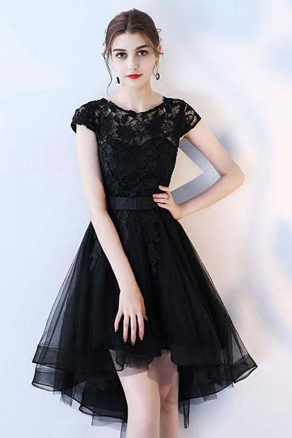 Black Lace Short Prom Dress Hight Low Evening Dress Homecoming Dresses PD152 - Pgmdress