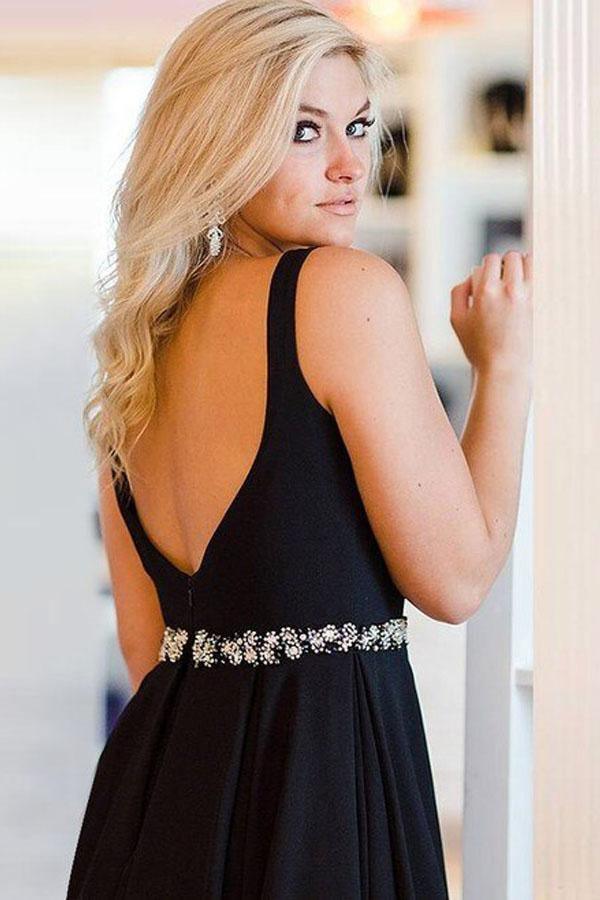 Black Satin Straps Short Prom Dress Homecming Dress With Crystal PD285 - Pgmdress