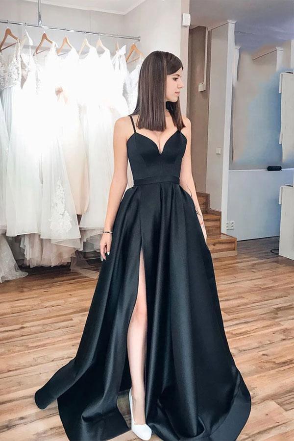 Simple Spaghetti Strap Black Long Prom Dress Evening Dress PSK072-Pgmdress
