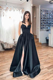Black Spaghetti Strap Simple Satin Long Prom Dress Evening Dress PSK072