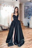 Robe de soirée longue en satin noir à bretelles spaghetti PSK072