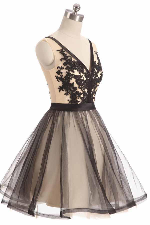 Charming A Line Tulle Lace V Neck Floor Length Prom Dresses, PD0067
