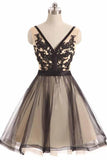 Black Tulle Lace V-neck Short Prom Dress Homecoming Dresses PD067