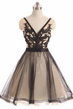 Robe de bal courte en dentelle de tulle noir à col en V Robes de soirée PD067