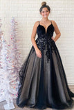 Black V Neck Backless Tulle Prom/Evening Dresses With Applique PSK141