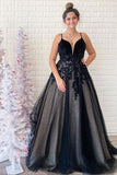 Schwarzes Ball-/Abendkleid aus rückenfreiem Tüll mit V-Ausschnitt und Applikation PSK141