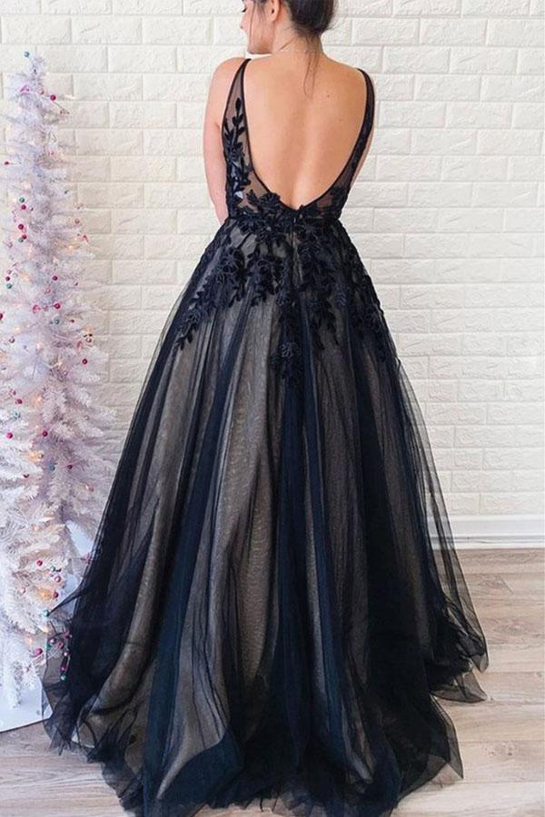 V Neck Backless Tulle Black Prom Dress With Applique PSK141-Pgmdress