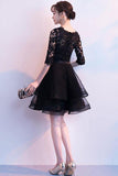 Black V Neck Lace Tulle Short Prom Dress Black Homecoming Dress PD150 - Pgmdress