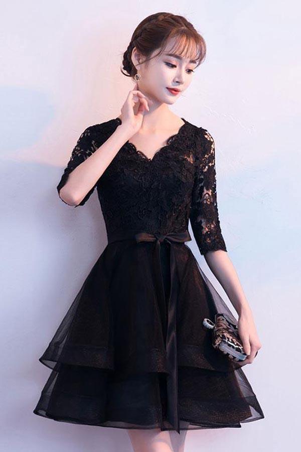 Black V Neck Lace Tulle Short Prom Dress Black Homecoming Dress PD150 - Pgmdress