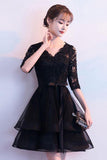 Black V Neck Lace Tulle Short Prom Dress Black Homecoming Dress PD150