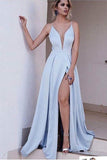 Blue A Line Brush Train Deep V Neck Sleeveless Side Slit Prom Dress  PG908