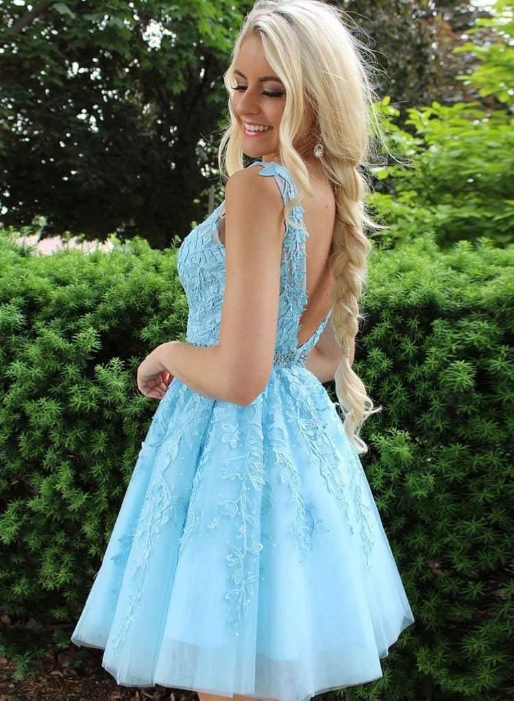Blue Appliques Beaded Sleeveless A Line Tulle Short Homecoming Dresses PD255 - Pgmdress