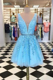 Blue Appliques Beaded Sleeveless A Line Tulle Short Homecoming Dresses PD255 - Pgmdress