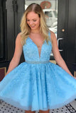 Blue Appliques Beaded Sleeveless A Line Tulle Short Homecoming Dresses  PD255