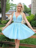 Blue Appliques Beaded Sleeveless A Line Tulle Short Homecoming Dresses PD255 - Pgmdress