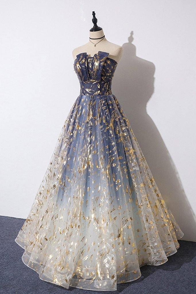 Blue Floral Print Tulle Strapless Long A Line Prom/Formal Dress PSK201 - Pgmdress