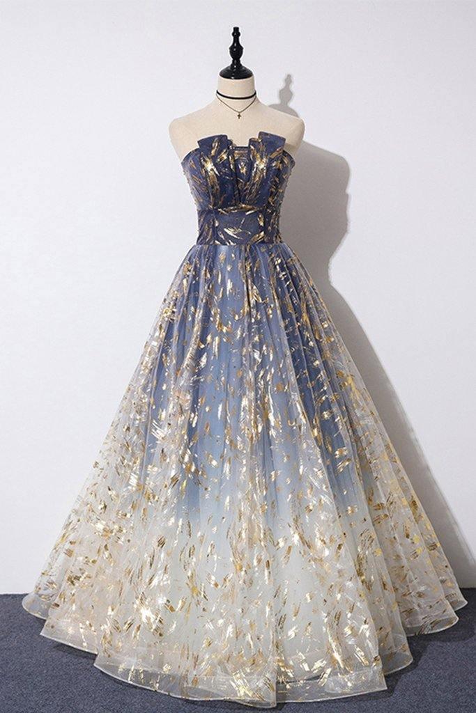 Blue Floral Print Tulle Strapless Long A Line Prom/Formal Dress PSK201 - Pgmdress