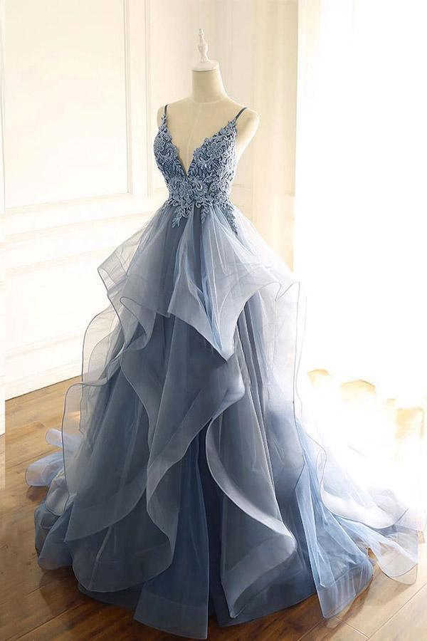 Blue Gray Lace V Neck Long Ruffles Prom Dress Organza Evening Dress PSK016 - Pgmdress