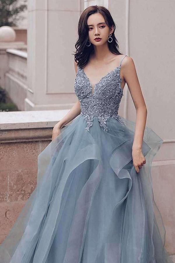 Blue Gray Lace V Neck Long Ruffles Prom Dress Organza Evening Dress PSK016 - Pgmdress