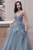 Bleu gris dentelle col en V longs volants robe de bal robe de soirée en organza PSK016