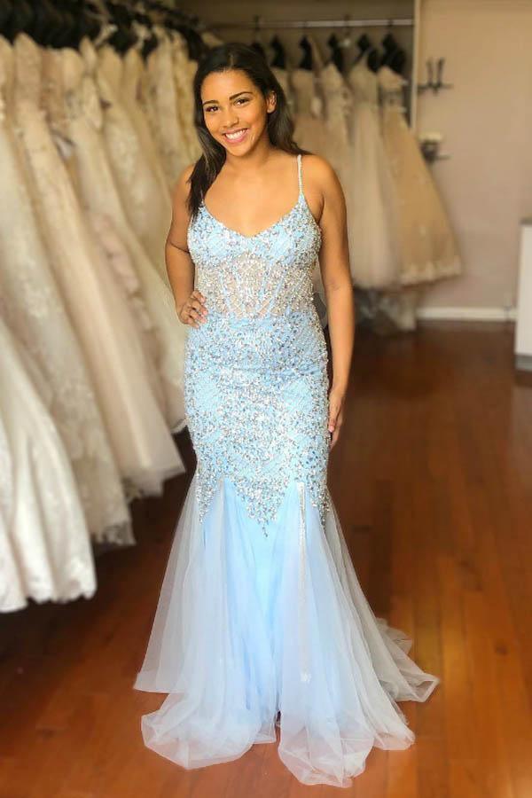 Blue Mermaid Tulle Spaghetti Straps Sequins Prom/Formal Dress PG999 - Pgmdress