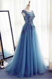 Blue Round Neck Tulle Lace Long Prom Dress Blue Evening Dress PSK204 - Pgmdress