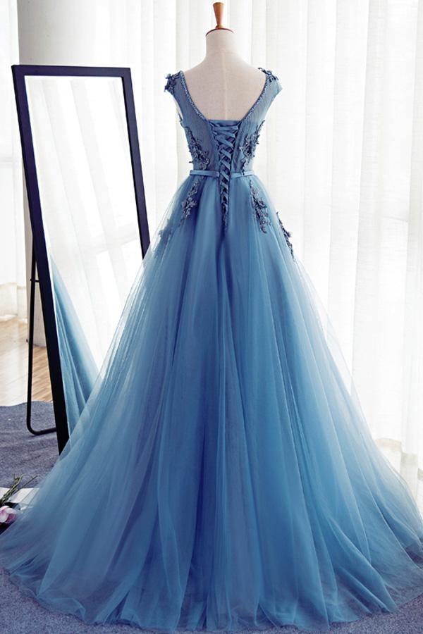 Blue Round Neck Tulle Lace Long Prom Dress Blue Evening Dress PSK204 - Pgmdress