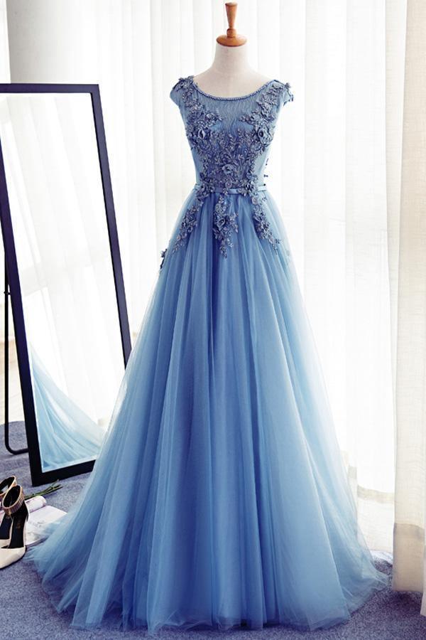 Blue Round Neck Tulle Lace Long Prom Dress Blue Evening Dress PSK204 - Pgmdress