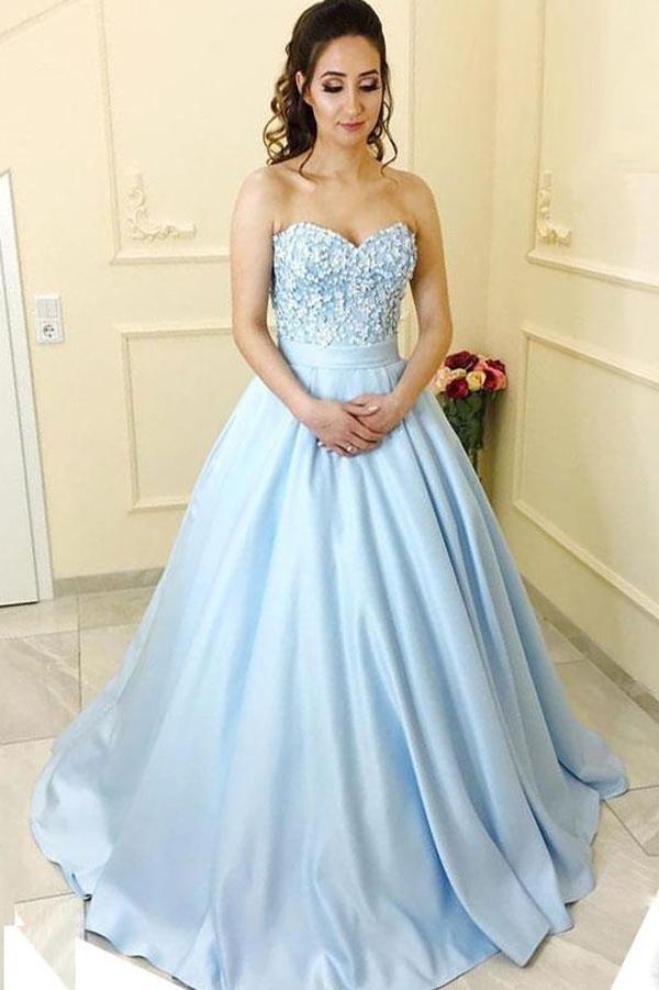 Blue Satin A-line Princess Sweetheart Neck Strapless Long Prom Dresses PG511 - Pgmdress