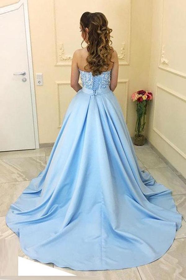 Blue Satin A-line Princess Sweetheart Neck Strapless Long Prom Dresses PG511 - Pgmdress
