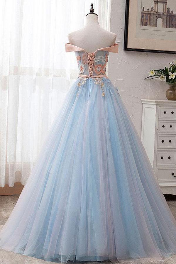 Blue Tulle Off-the-Shoulder Appliques Ball Gown Long Prom Dress PSK027 - Pgmdress
