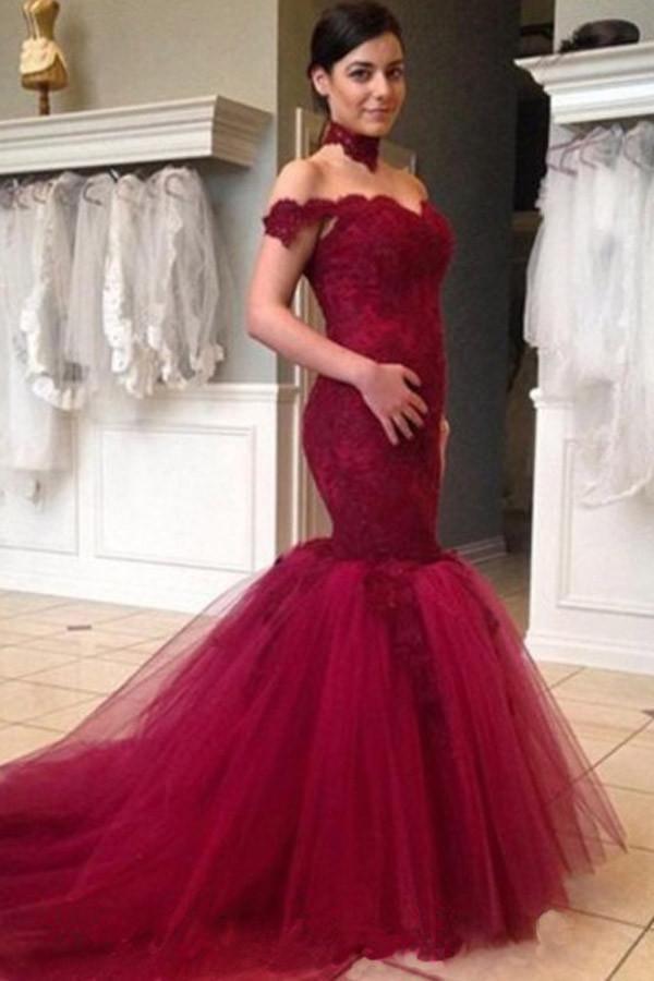 Bride Gowns Trumpet High Neck Fuchsia Mermaid Tulle Wedding Dress WD105 - Pgmdress