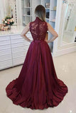 Burgundy High Neck Lace Bodice Princess Floor Length Long Prom Dress PG921 - Pgmdress